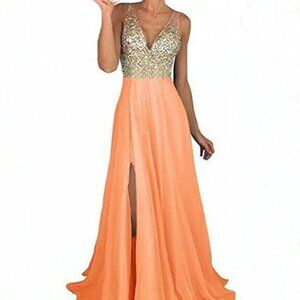 Peach Orange Gemstone Sequin Maxi Prom or Evening Dress
